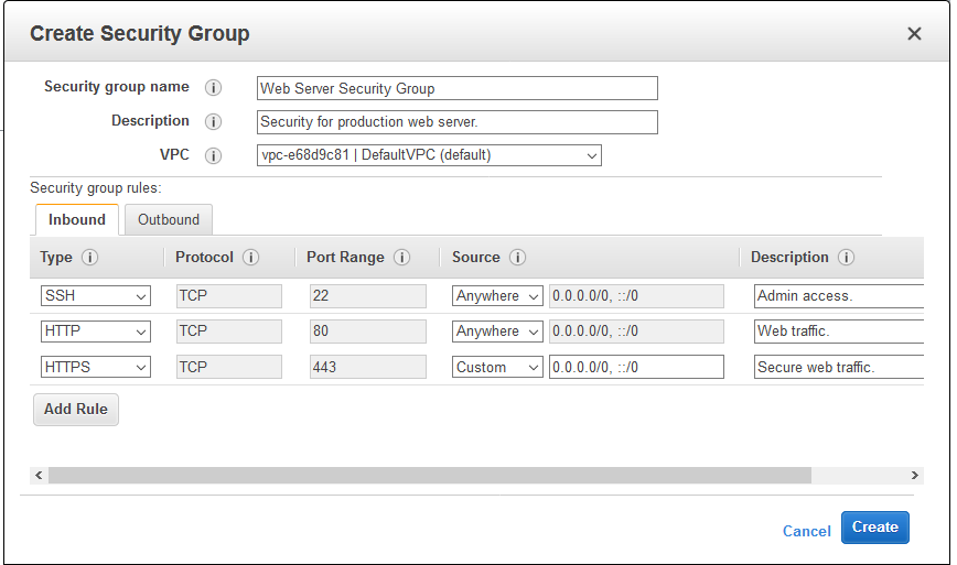 Create security groups in aws ec2